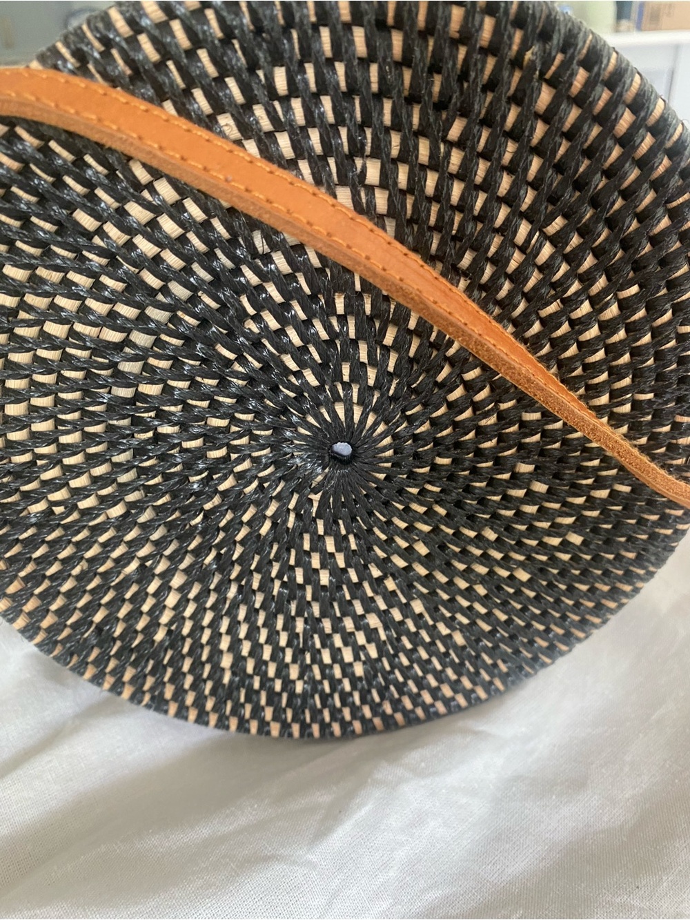 Round Canteen Navy and Natural Woven Crossbody Bag with Tan Leather Strap - Picture 3 of 8
